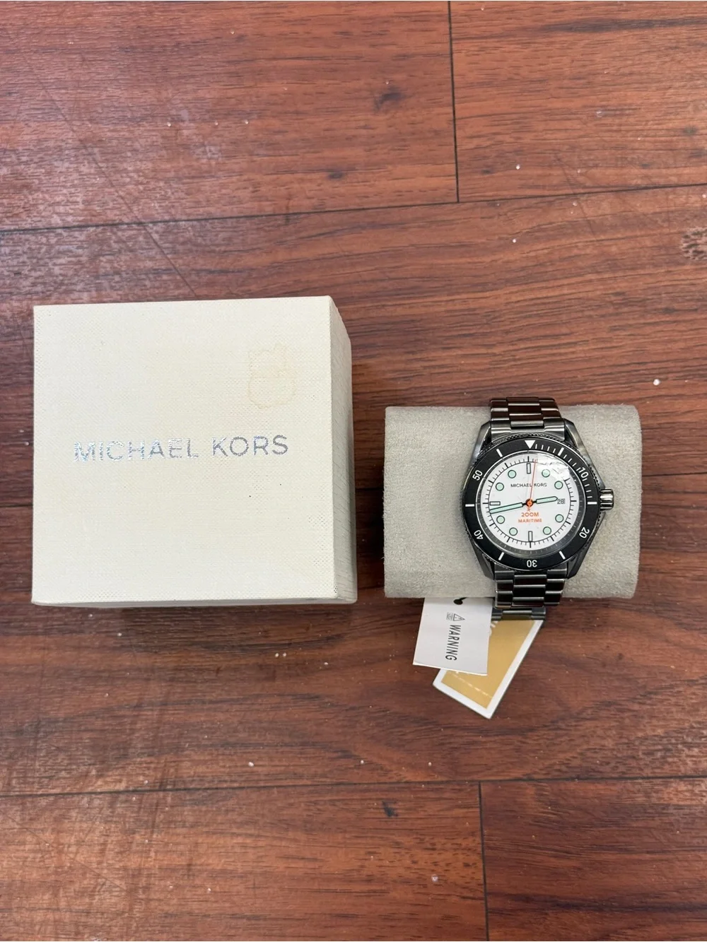 Michael Kors Silver Stainless Steel Watch with Black Bezel and White Dial men’s